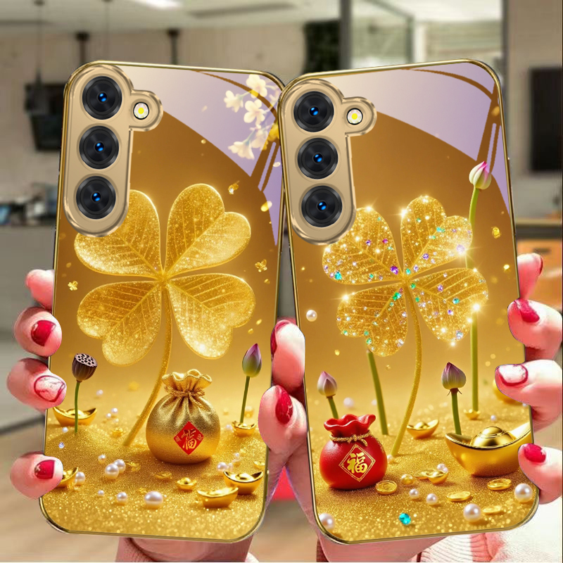 Samsung Galaxy S24 - Riesiger goldener Kleeblatt-Handyhülle aus Glas für
