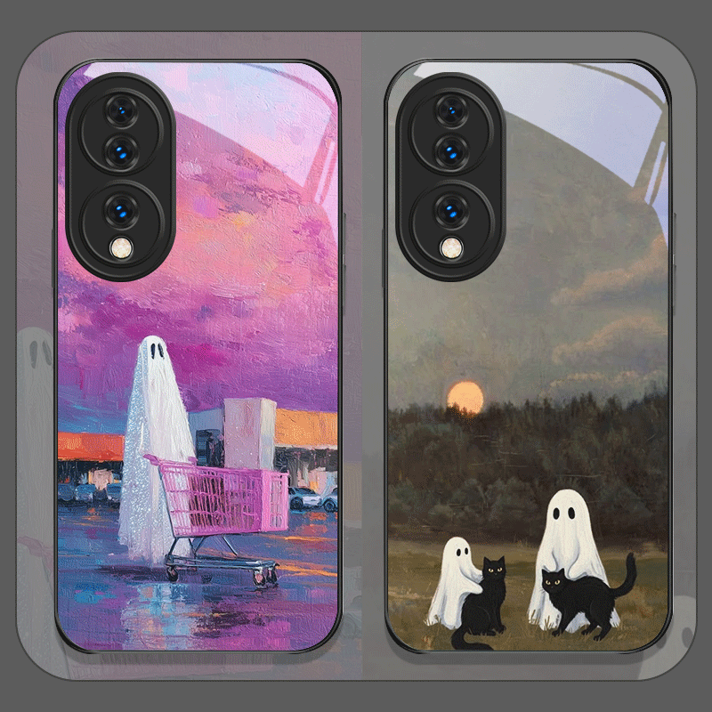 Huawei Mate 60 - Niedliche Cartoon-Schwarzkatzen-Geister-Handyhülle aus gehärtetem Glas für