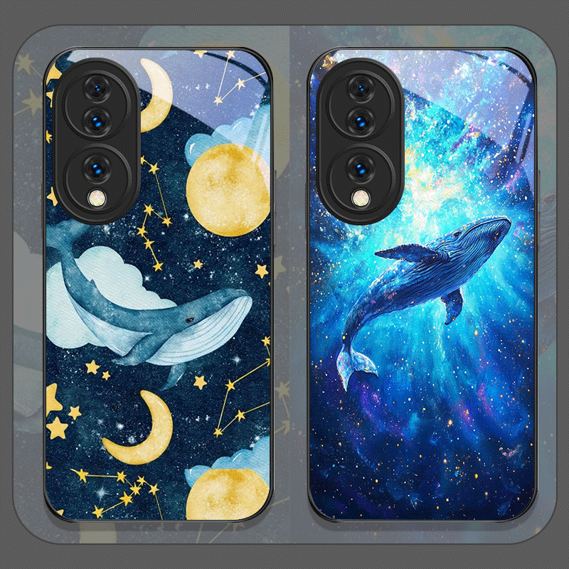 Huawei Mate 60 - Cartoon Sternenhimmel Blauwal Bedruckte Gehärtete Glas-Handyhülle