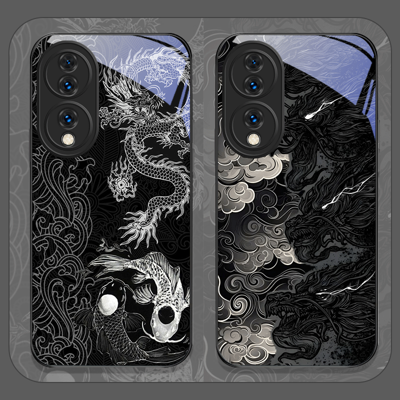 Huawei Mate 60 - Ästhetische Coole Schwarze Drachen-Bedruckte Gehärtete Glas-Handyhülle